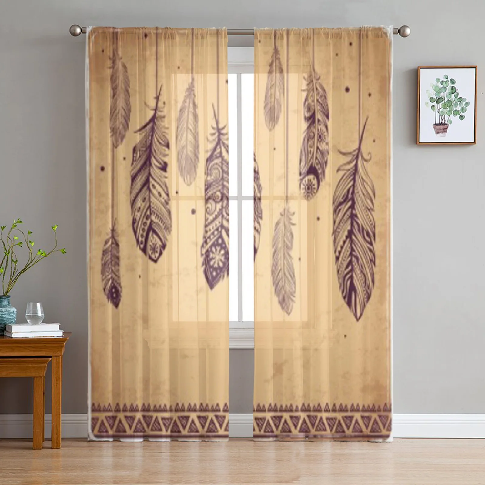 

Beautiful Illustration of Feathers Sheer Curtain for Living Room Modern Voile Tulle Window Curtains for Bedroom Kitchen Drapes