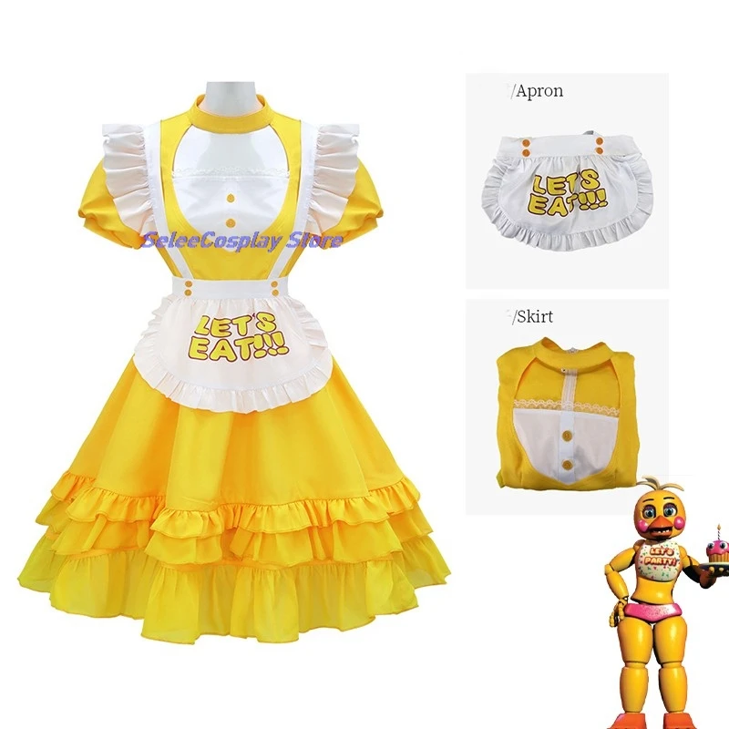 

Женский набор игрушек для косплея в стиле аниме, желтое платье для косплея Chica, костюм FNaF, наряды для женщин Let's Eat/at Freddy's Doujin Rolepla