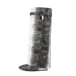 Women's Genuine Leather Round Toe Leg Boots with Knee Length Metal Buckle Decoration, Silver Wedge Heel Knee Length Boots