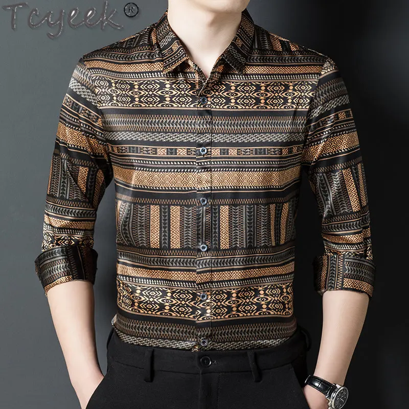 Tcyeek 2023 Summer Business Casual Real Mulberry Silk Shirt Men Blouse Long Sleeves Shirts for Men Clothes Camisas De Hombre Zm