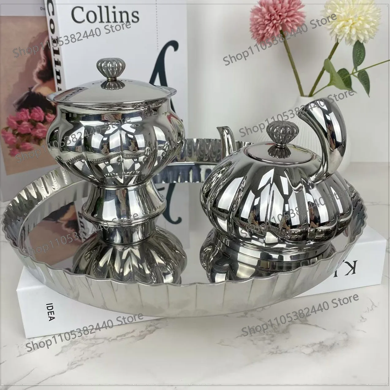 304 Stainless Steel Pumpkin Tea Set with Sugar Bowl, Nordic Ins Style Decorative Teapot for Home Living Room Afternoon Tea