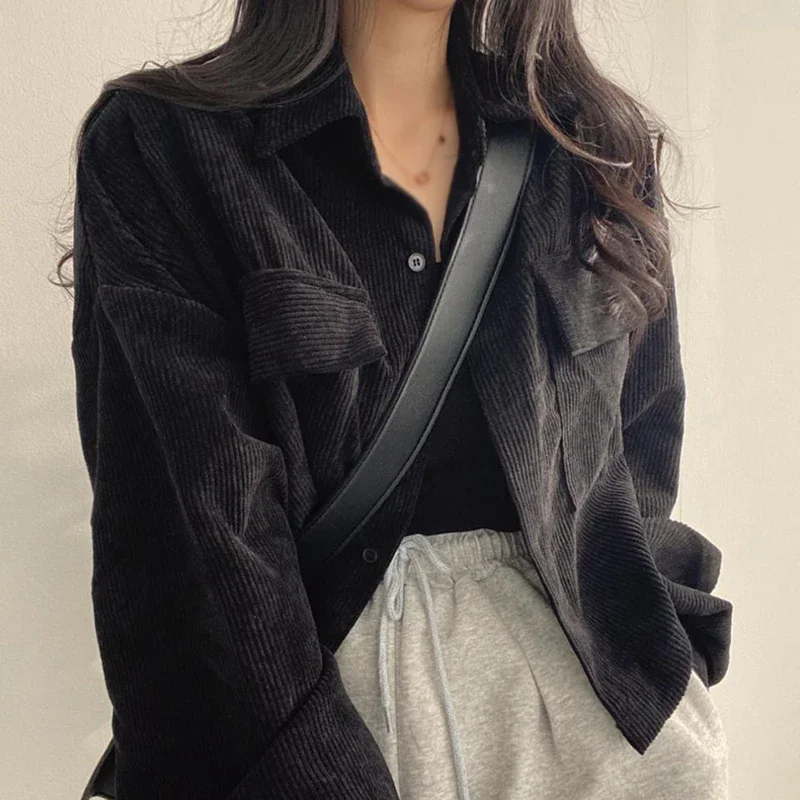 Women Spring Autumn Vintage Corduroy Long Sleeve Button Cardigan Jacket Crop Corduroy Jacket Loose Lapel Chic Short Coat