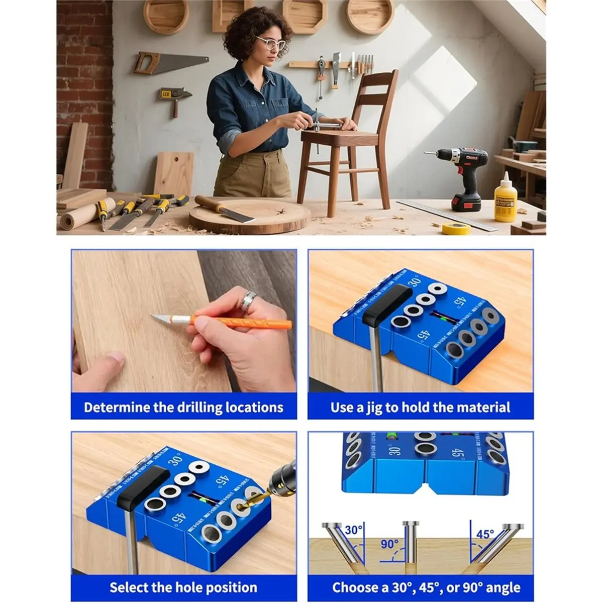 cnim-アルミニウム-30-45-90-°-木工用アングルドリルガイドジグ-水平器付きで角度付き穴と直穴の穴あけが可能