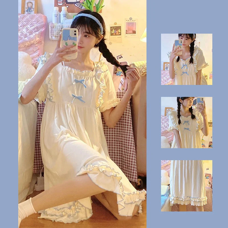 فستان نوم لوليتا وردي للنساء - فستان نوم متوسط الطول بفيونكة سوداء مكشكشة، ملابس نوم كاواي فضفاضة ولطيفة لربيع وصيف