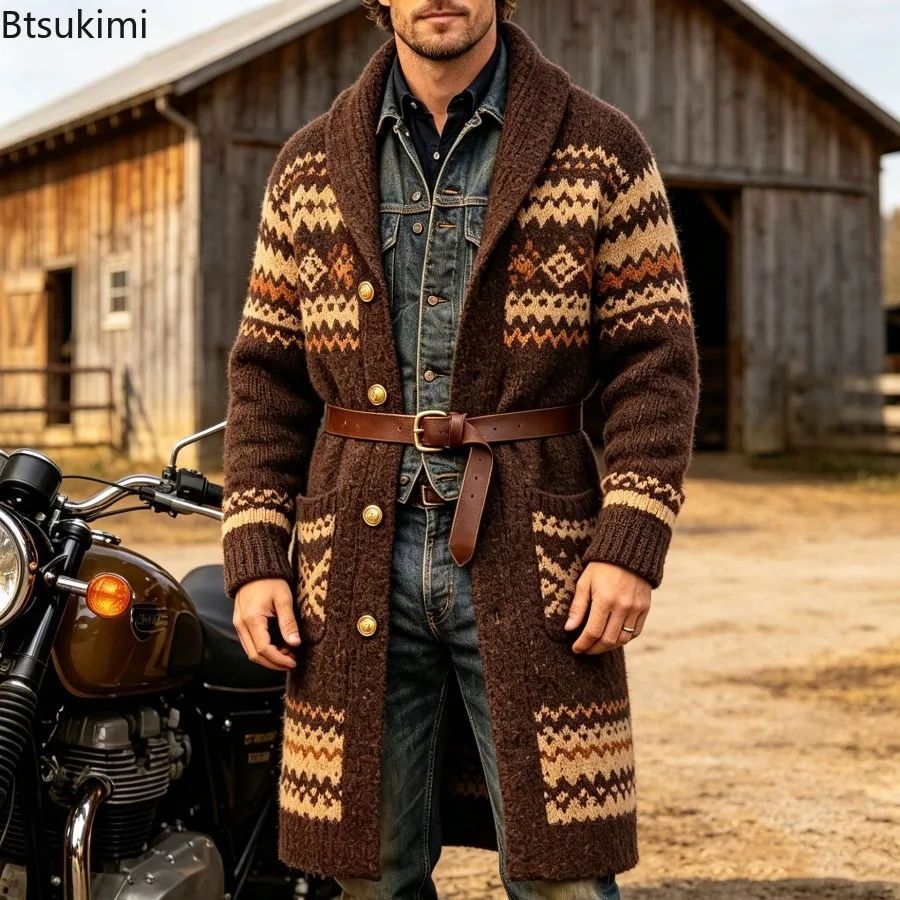 Men Shawl Collar Fair Isle Jacquard Long Belted Knit Cardigan Button Front Thick Warm Retro Sweater Coat Autumn Winter Outerwear