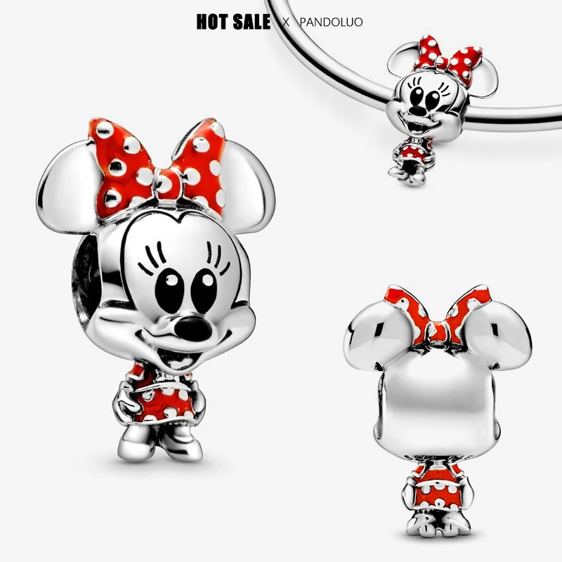 Disney Minnie Mouse Dotted Dress & Bow Charm Bead Fits Pandora Original Bracelet Women 925 Silver Pendant Beads Jewelry Hot Sale