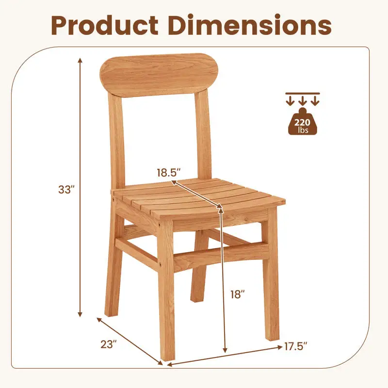 Teak Wood Armless Dining Chair, Reinforced Structure Slatted Seat, Ergonomic Backrest For Patio Poolside Porch, Adult Outdoor Furniture