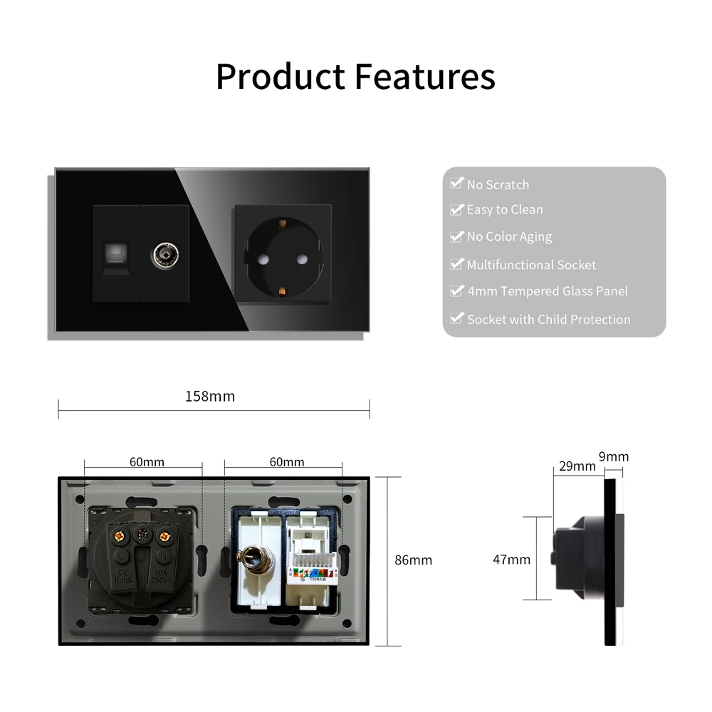 EU Power socket with usb charging for home,розетка с usb and Internet Rj45 Network CAT6 TV Connector Wall Sockets Glass Panel