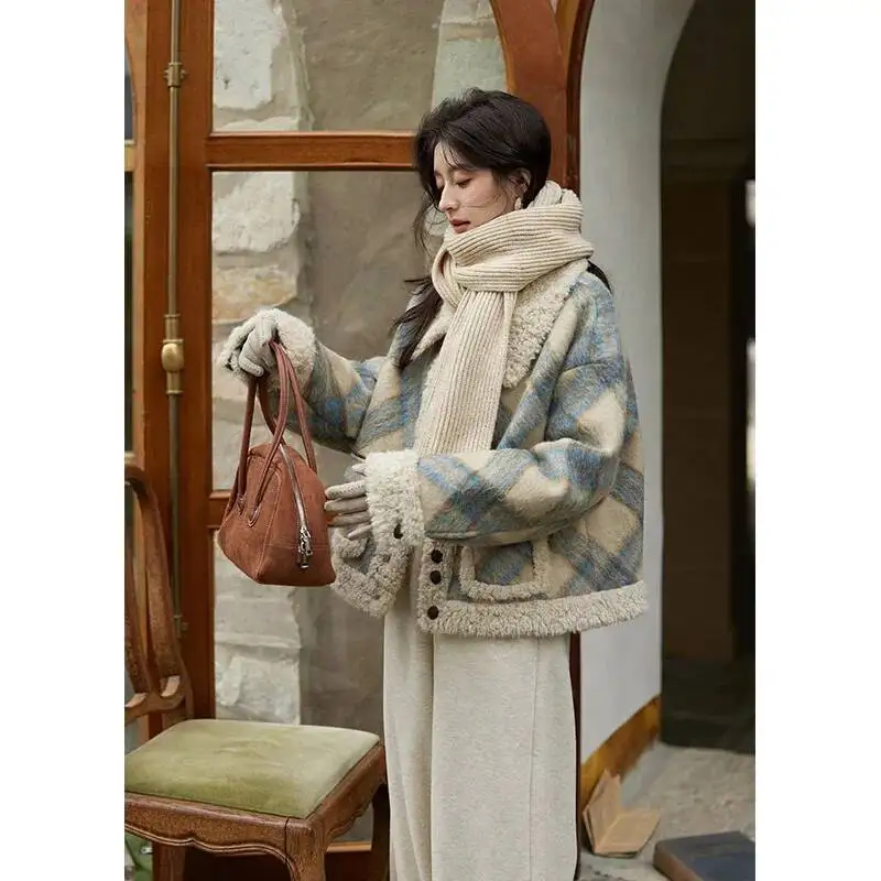 

Женское шерстяное пальто из овечьей шерсти, осень-зима, новая модель, шерстяное пальто в сетку, женское пальто с длинными рукавами, дизайн, модная элегантность