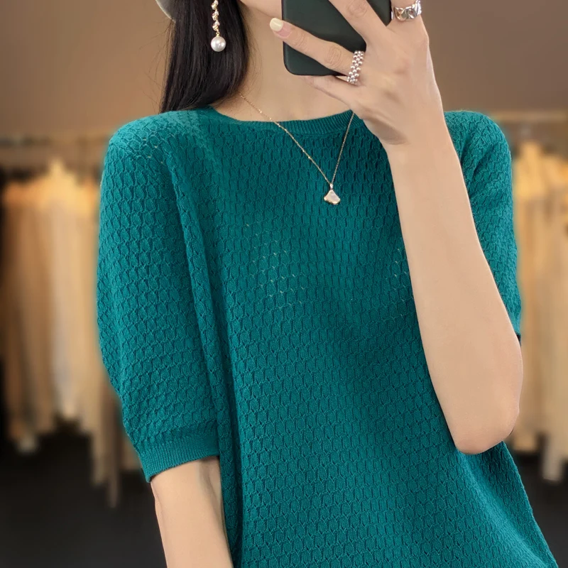 100% cotton short sleeve 2023 summer new women\'s round neck pullover loose knit solid color top casual vest fashion T-shirt