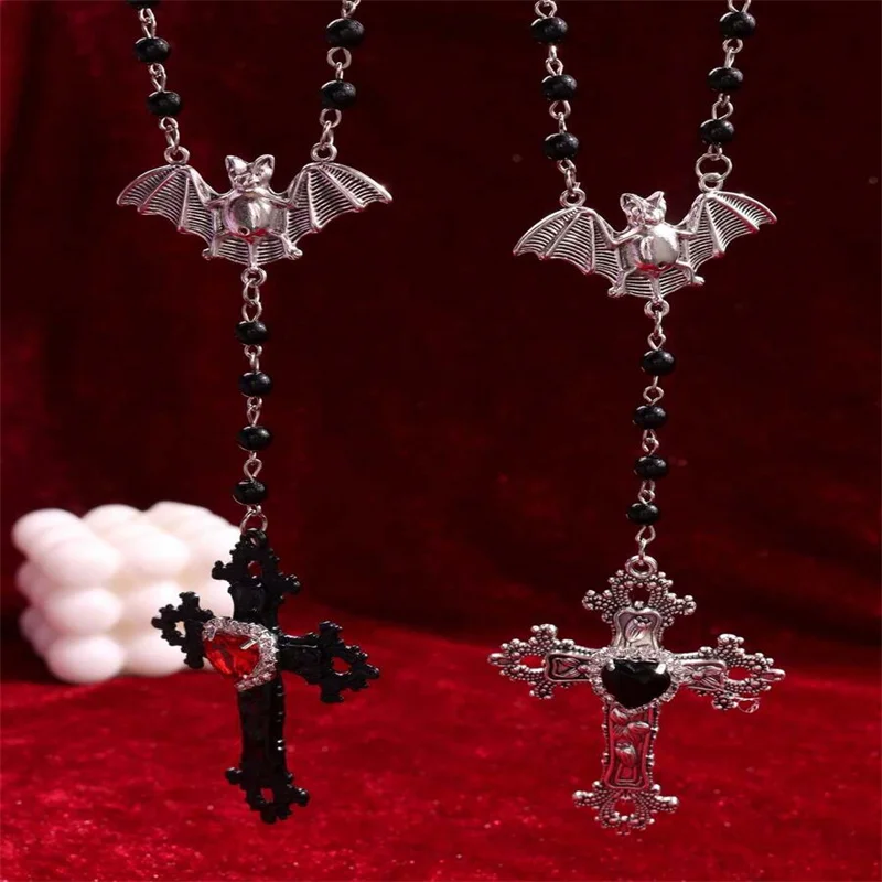 Vintage Gothic Style Rosary Necklace Victorian Cross Bat Heart Zirconia Beaded Long Pendant Goth Handmade Jewelry Creativity