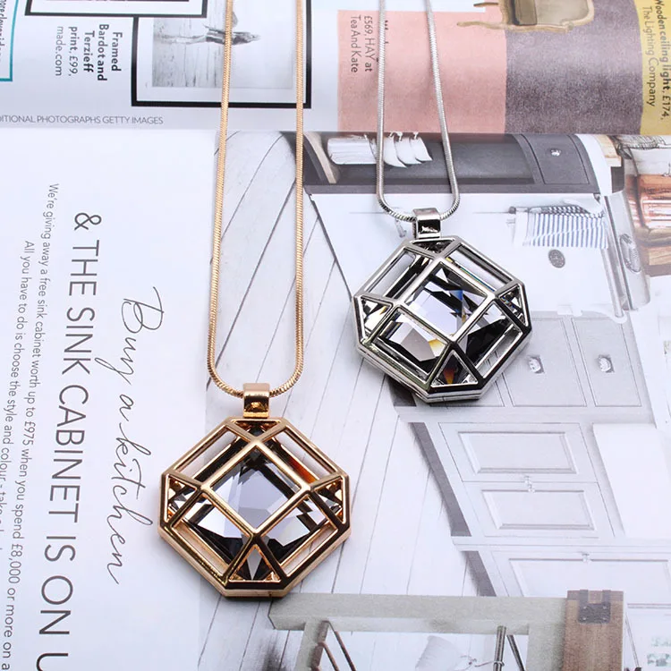 New Openwork Geometric Long Necklace for Women Crystal Bijoux Fashion Accessories Cut Gift