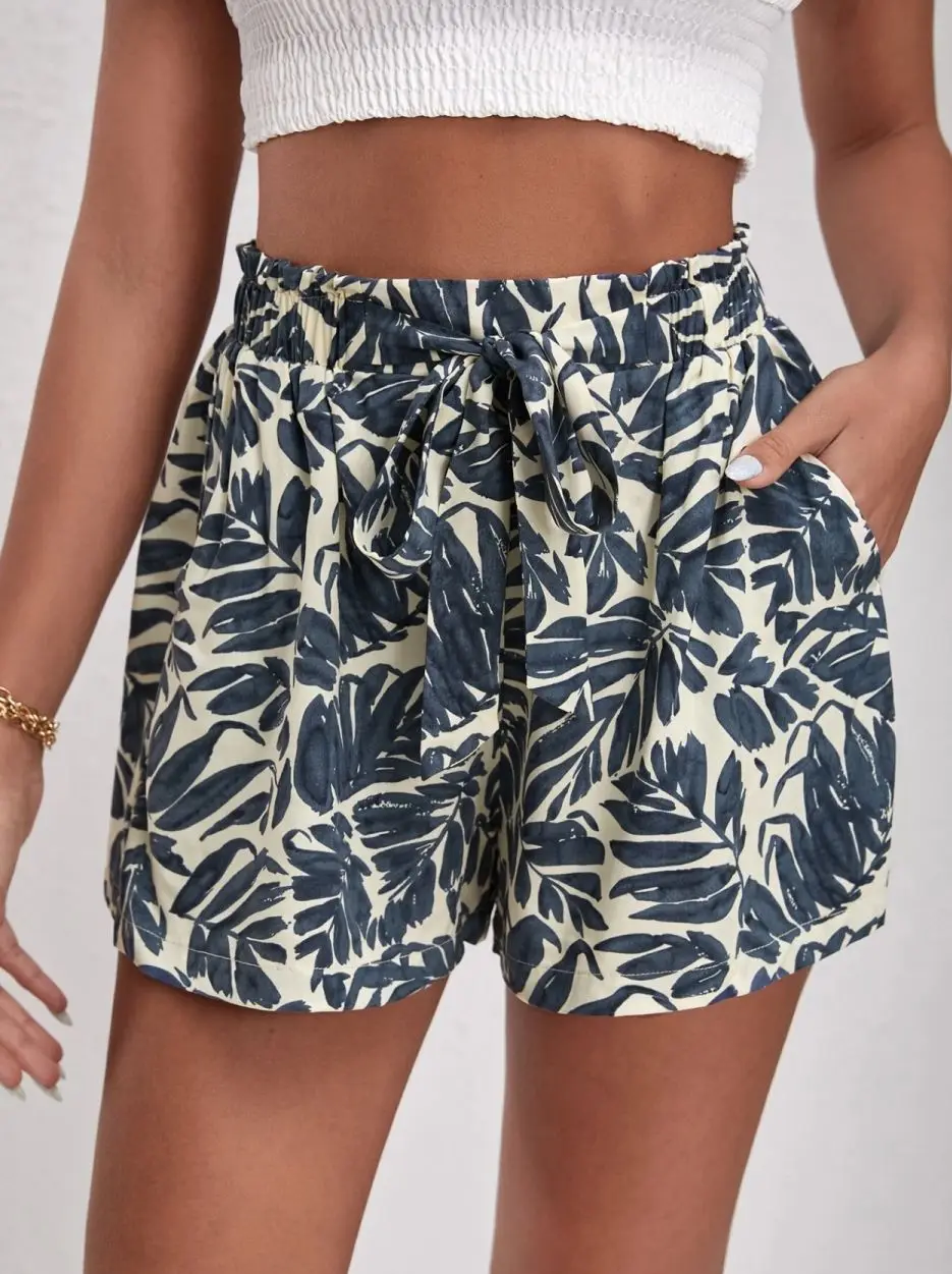 2026 Summer Bohemio Leaf Print Shorts Fashionable High Waist Elastic Drawstring Casual Beach  Short Pants for Women