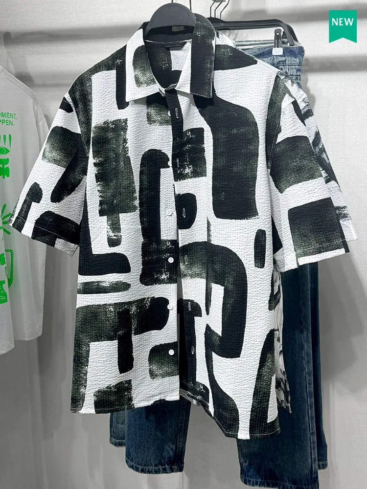 

Loose Fit Bubble irt Summer New Men's Faion Print ort Sve Turn-down Collar Breathable Polyester Fiber Casual irt