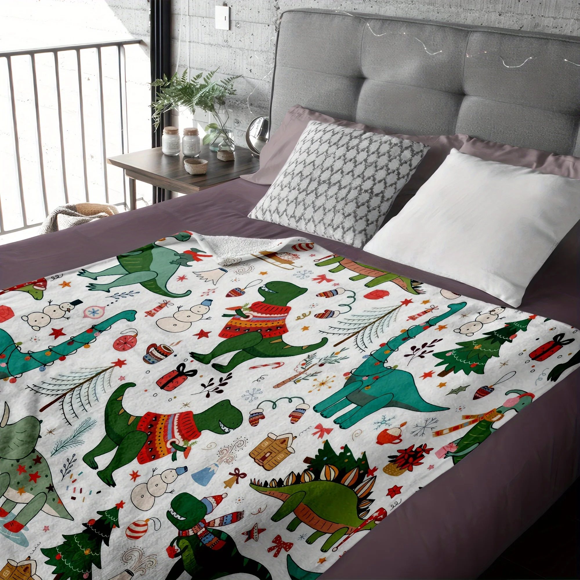 Cozy Christmas Dinosaur Cartoon Flannel Throw Blanket - Soft, Warm & Reversible for Couch, Office, Bed, Camping
