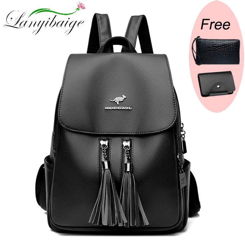 High Quality Soft Leather Backpacks For Women Solid Color Simple Girls School Bags Vacation Casual Travel One Shoulder Backpack