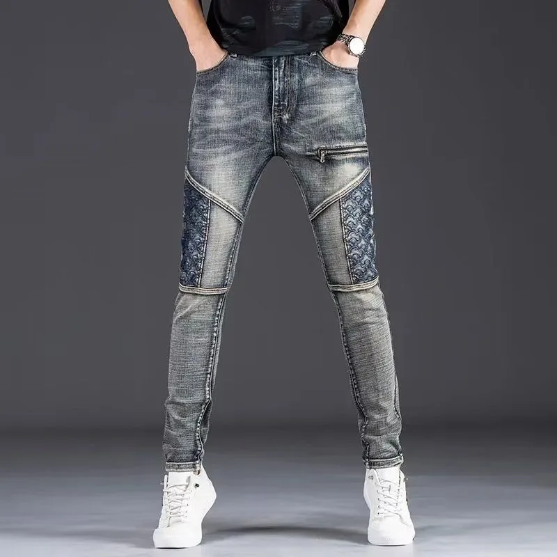 

Men’s slimming retro-blue denim pants high quality trendy embroidery zipper decors jeans street fashion casual jeans pants men