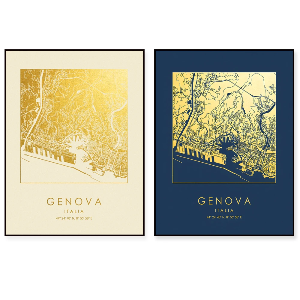 Impresión de Genoa, mapa de la ciudad cuadrado, arte de pared, lienzo, póster, decoración para el hogar y la Oficina, regalo, Italia, GoldenGraphy
