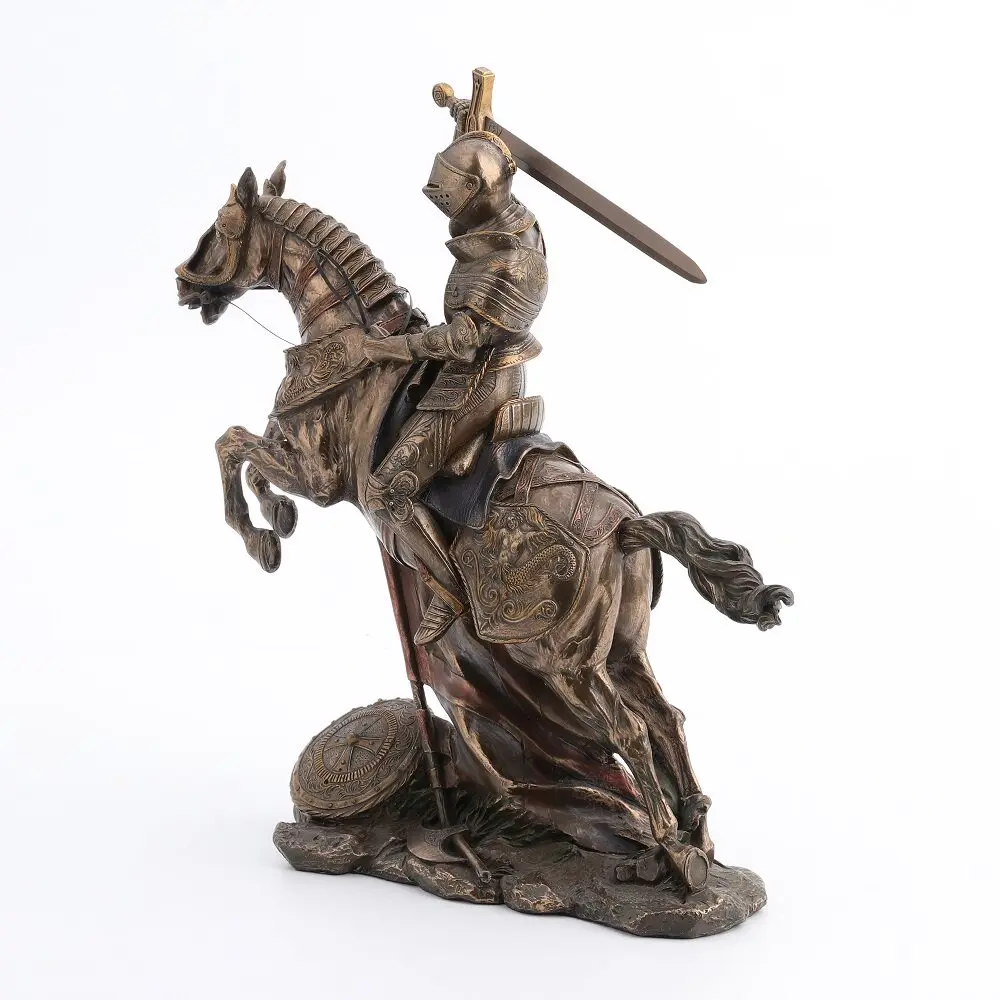 Medieval Knight Riding Horse Statue Sword Crusader Figurine Bronze Finish Sculpture Resin Craft Home Office Decor Ornament Gift