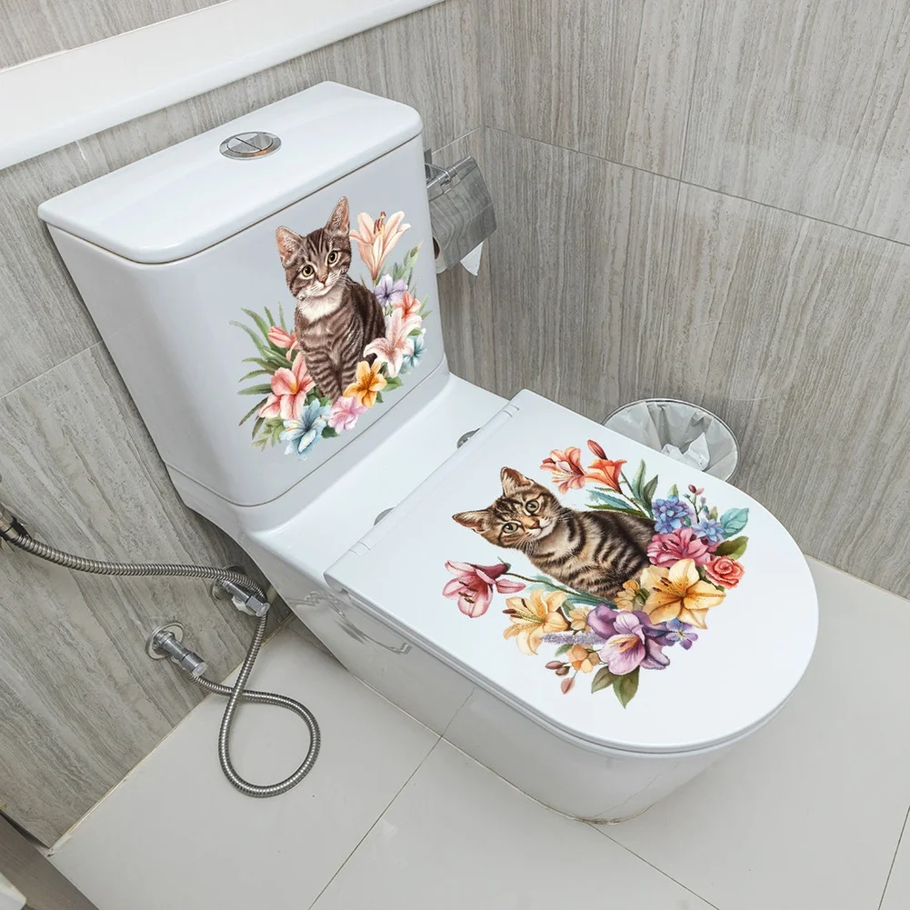 

Cute Cat and Flower Wall Sticker for Bathroom Decor Waterproof PVC Decal for Toilet Walls Tiles Glass 23x22cm Brown