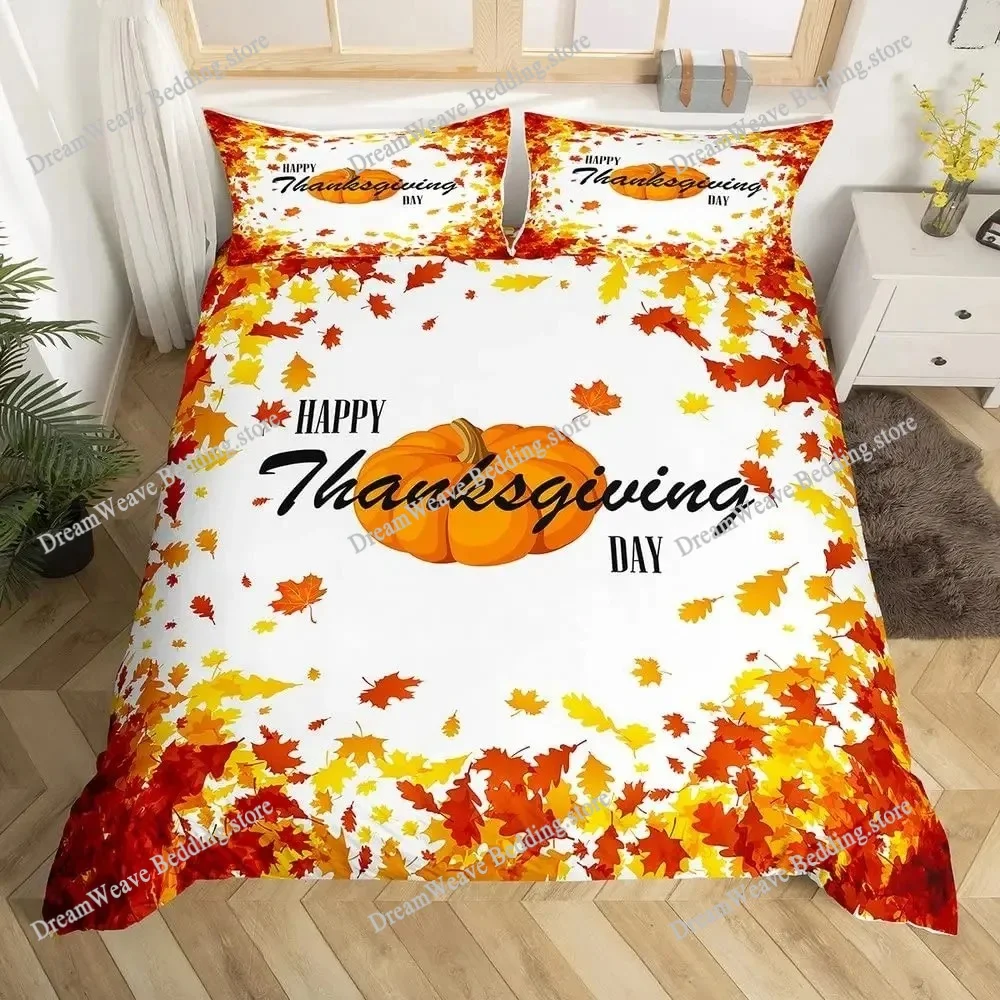 

Autumn Maple Bedding Set Pumpkin Fall Comforter Cover Happy Thanksgiving Duvet Cover Farmhouse Room Decor Durable Quilt Cover