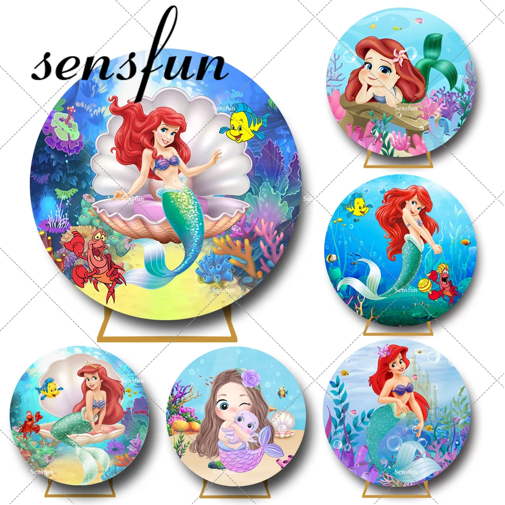 Under The Sea Little Mermaid Princess Ariel Round Backdrop Girls Newborn Baby Shower Birthday Party Background Cylinder Covers