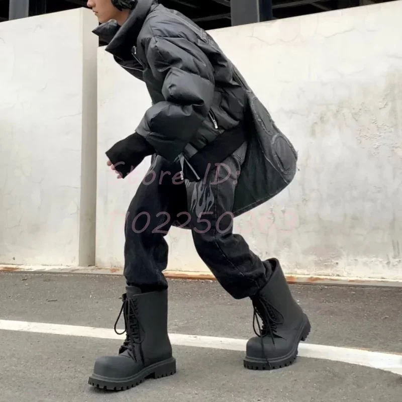 Black Matte Leather Thick-soled Work Boots Round Toe Cross-tied Mid-calf Boots 2024 new Men and Women Big Head Short Shoes