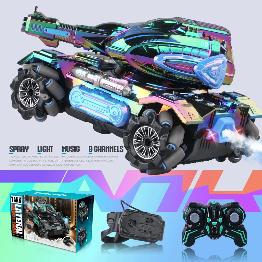 2.4G 4WD RC Sci-Fi Stunt Tank - Colorful LED All-Terrain Electric Toy for Boys with Spray, Sound & Simulated Launch | Gift