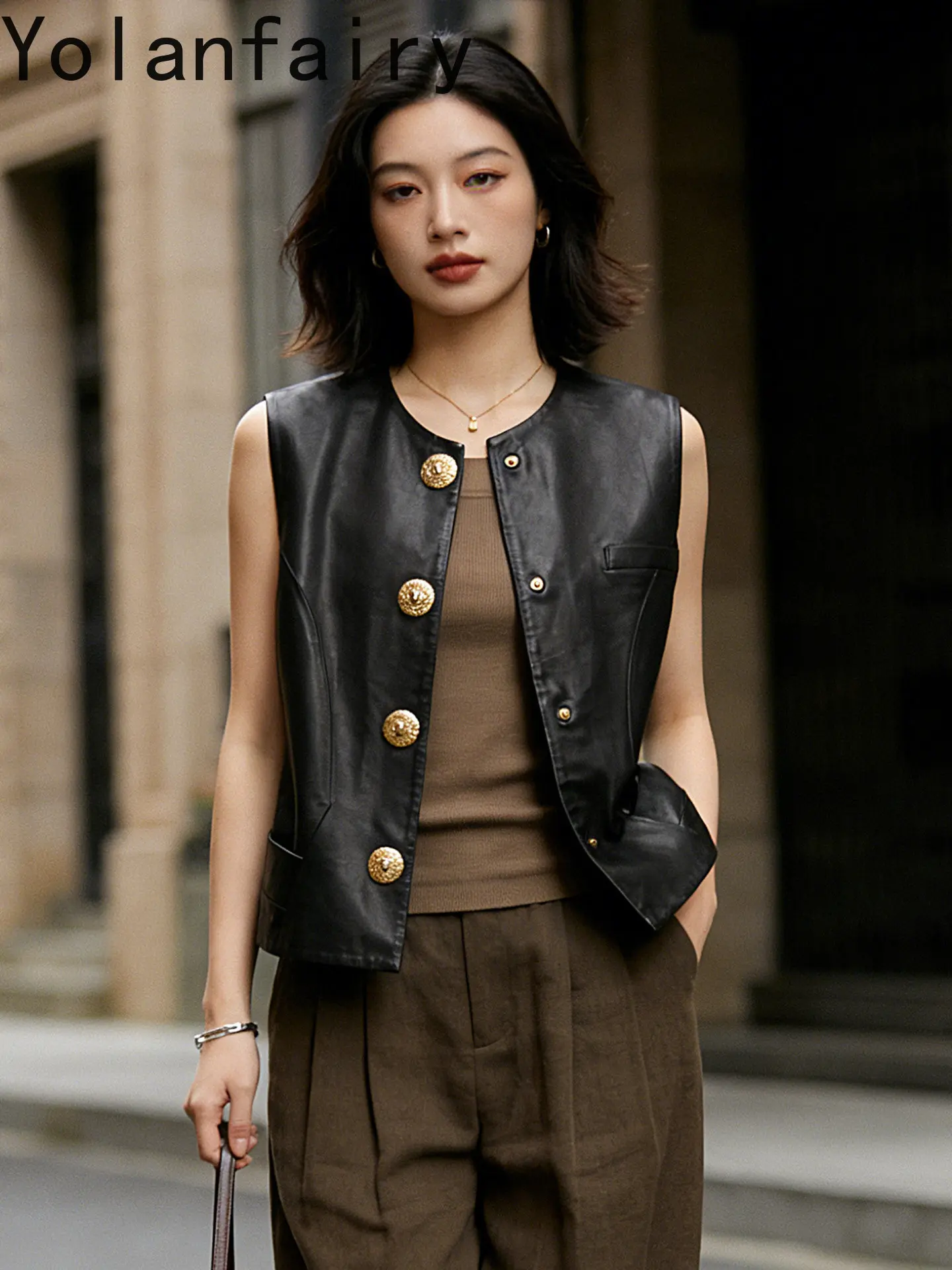 YOLANFAIRY Top Layer Sheepskin Genuine Leather Jacket Women Round Collar 100% Real Leather High Quality Pure Leather Vest Female