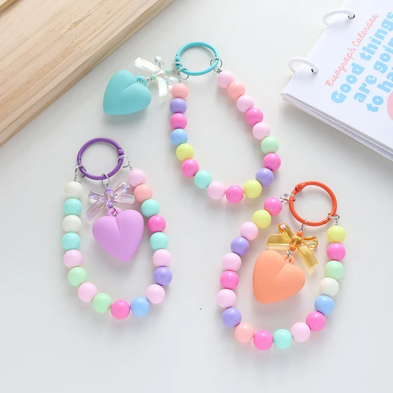 Fresh Colorful Bow Heart Round Bead Pendant Keychain for Women Lovely Acrylic Mobile Phone Chain Backpack Access