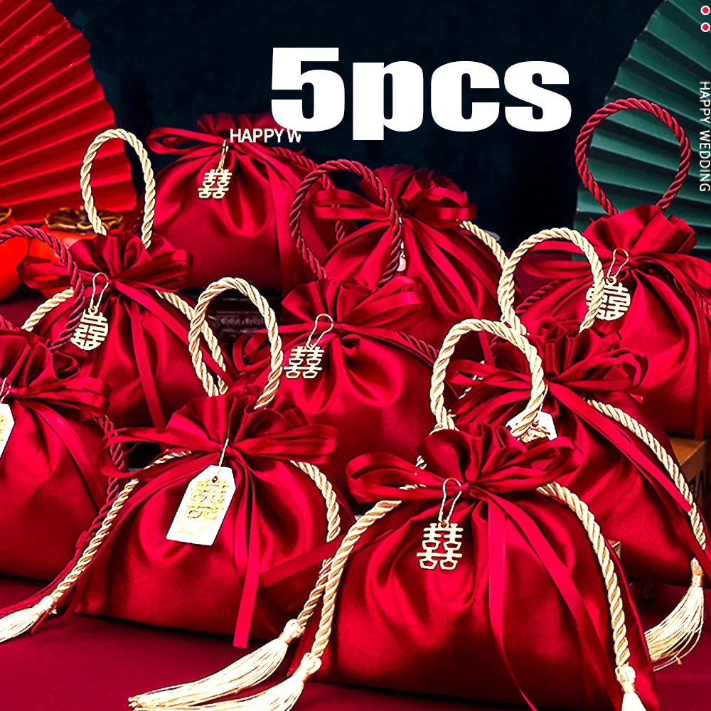 Red Wedding Candy Bag for Guests Drawstring Cloth Bag Chinese Wedding Favors Christmas Birthday Party Decoration Gift Packaging