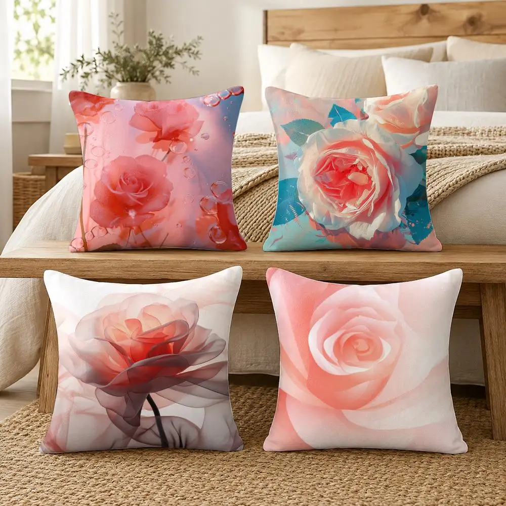 Abstract Rose Flower Cushion Cover Silky Short Plush Invisible Zipper Dustproof Sofa Pillow Case For Home Decor