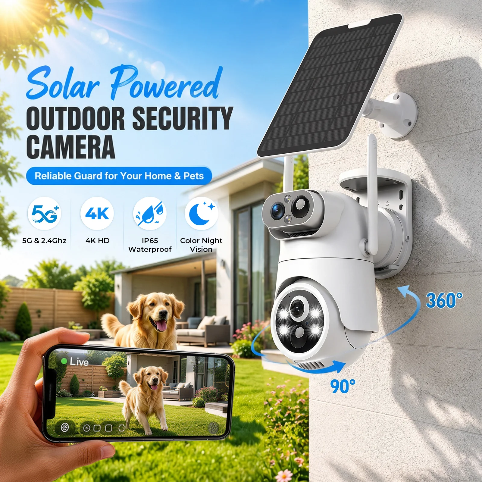 4K Solar Security Camera Dual-Lens, 360° PTZ Wireless Outdoor, IP65 PIR Detection, Color Night Vision, 2-Way Audio, Rechargeable