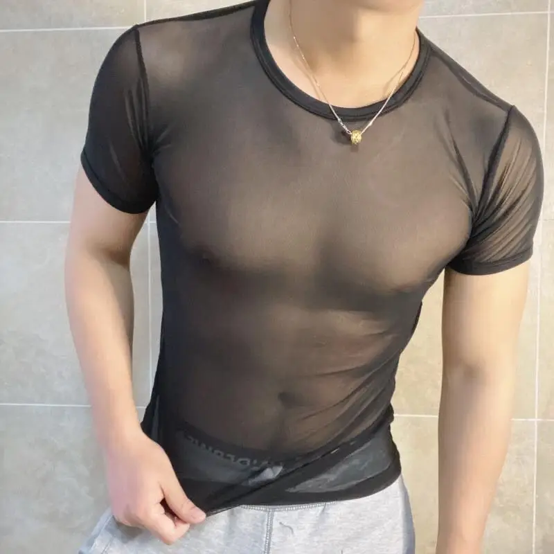 Summer Man Slim Sexy Sheer Men\'s Wear 2023 Round Neck Solid Color Grid Mesh Gauze Tops Men\'s Personality T-shirt