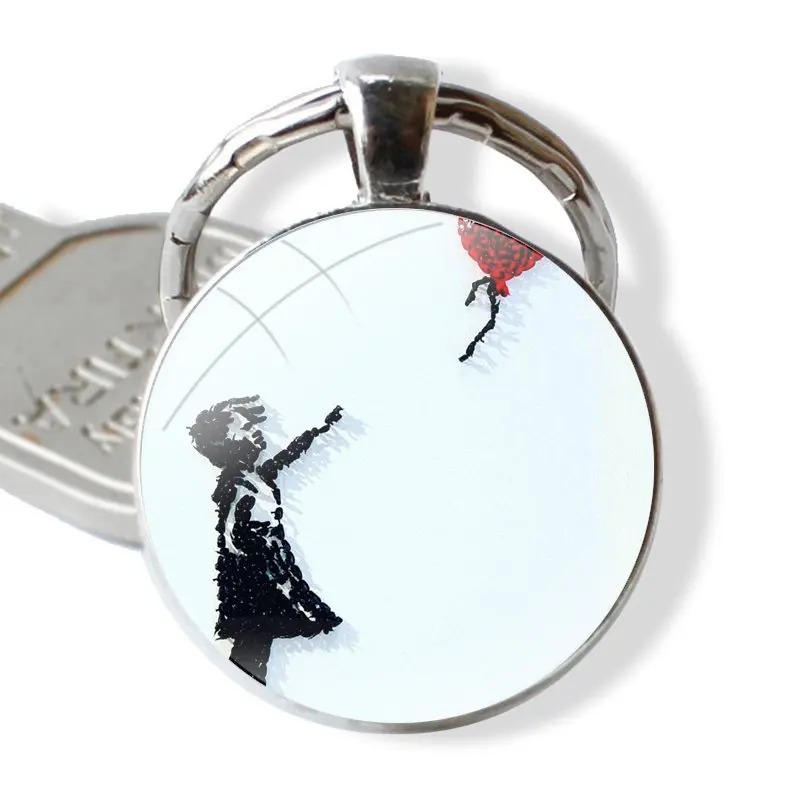 Keychain Handmade Glass Cabochon Key Ring Holder Pendant Key Chains Banksy Girl With Red Balloon