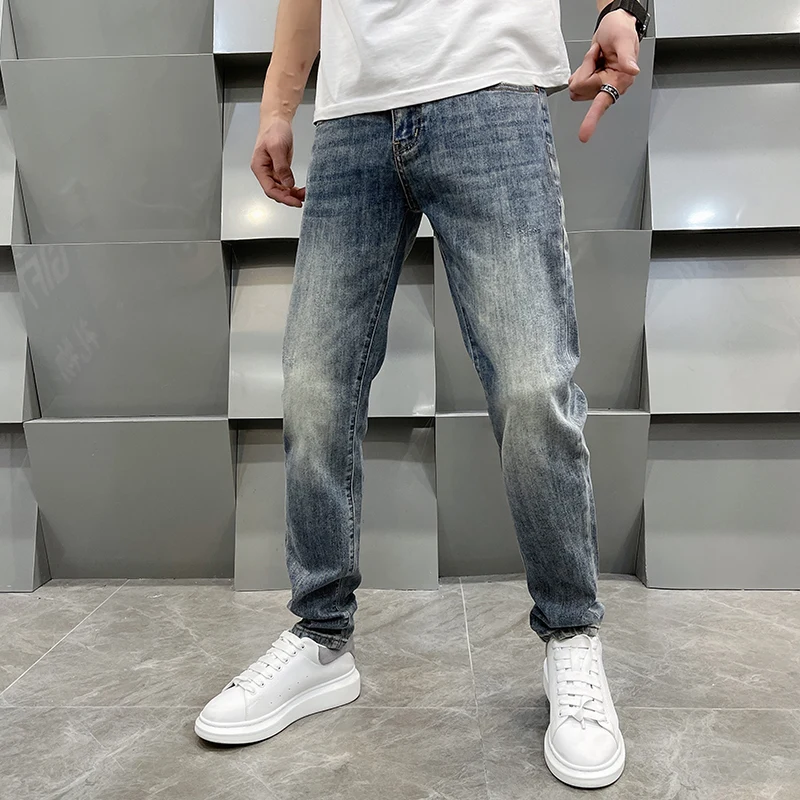 Simple and light luxury jeans men's high-end stretch slim straight fashion all-match Street casual trousers summer menswear