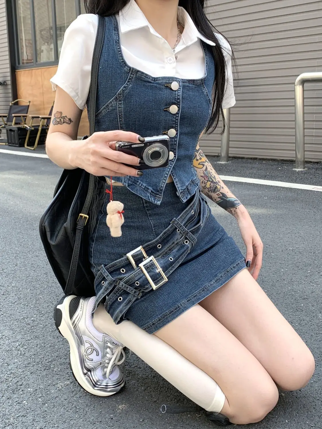 Denim Vest Suit Short Skirt Vintage Women Sleeveless V Neck Button Tank Tops Dark Academia 2000s Gothic Waistcoat Female Summer