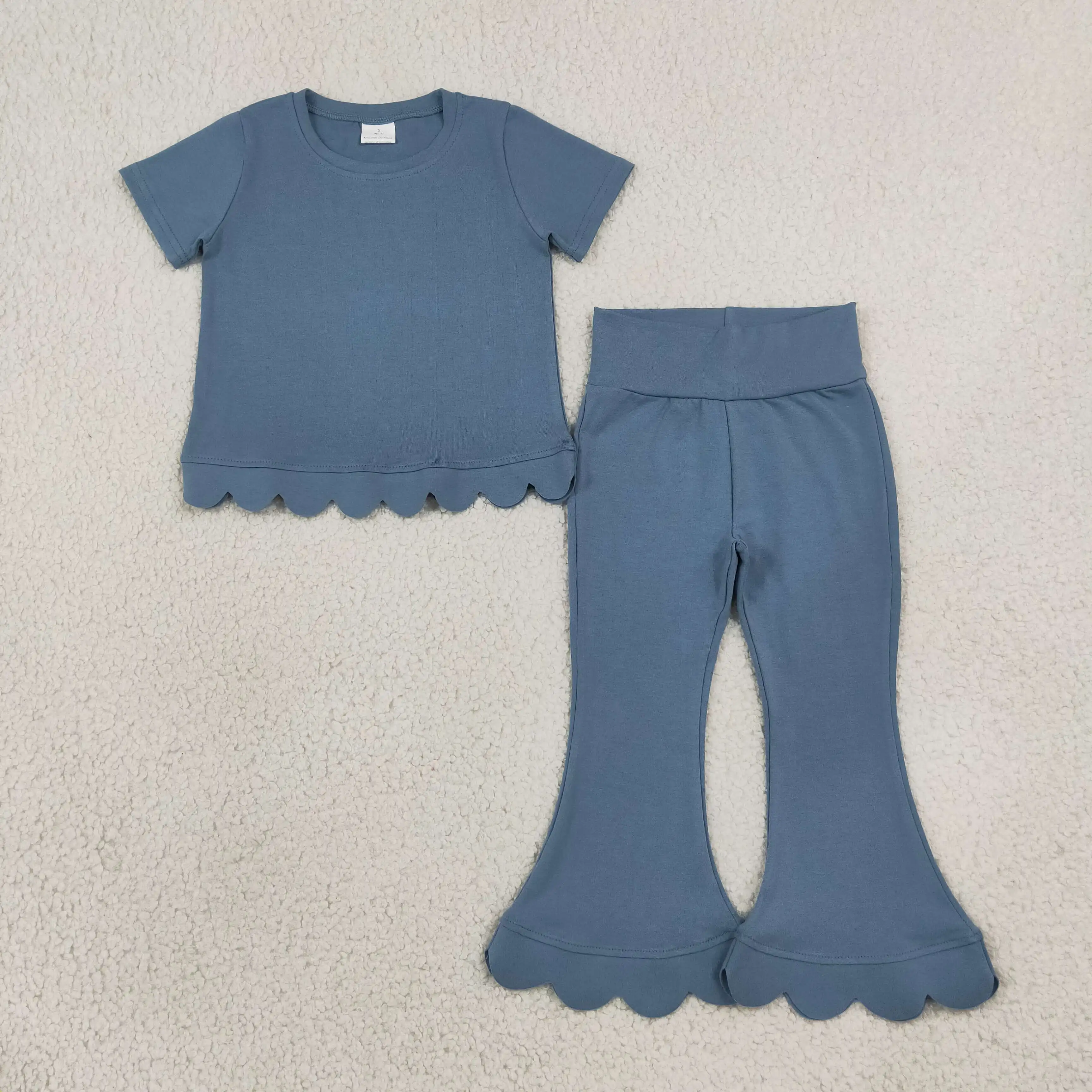 Wholesale Children Toddler Outfit Baby Girl Blue Short Sleeves Scalloped Shirt Kids Bell Pants Girls Yoga Clothing