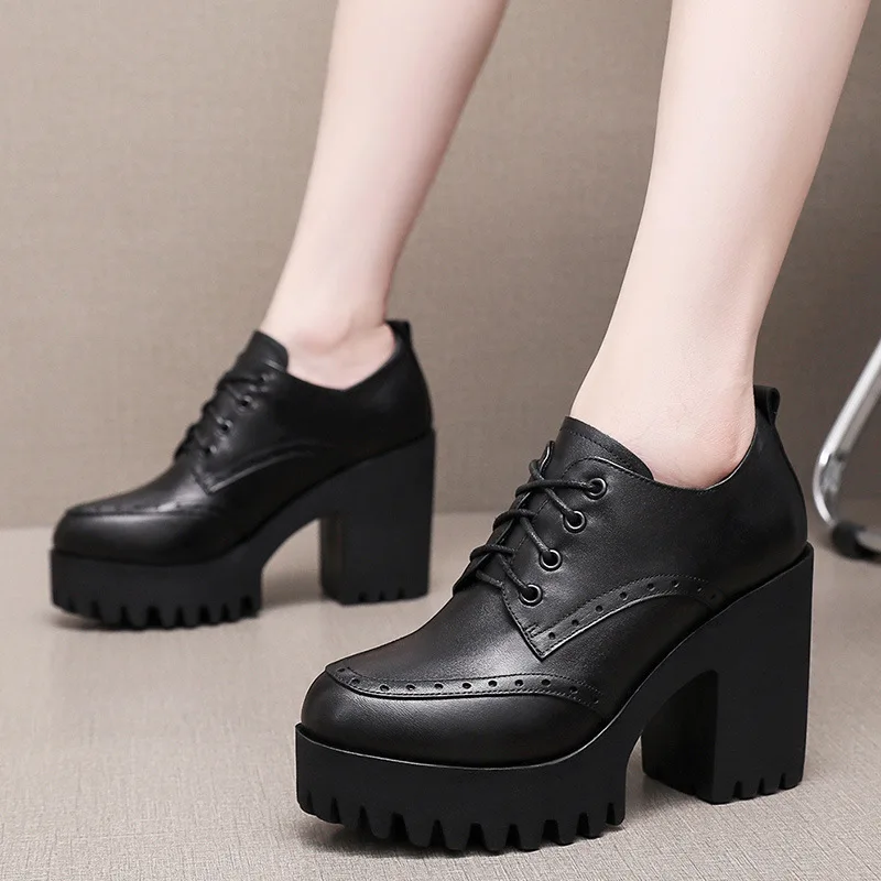 8cm 10cm 14cm Retro Deep Platform Shoes Brogues Oxford Shoes 2026 Spring Block High Heels Shoes Woman for Dress Model Office Mom