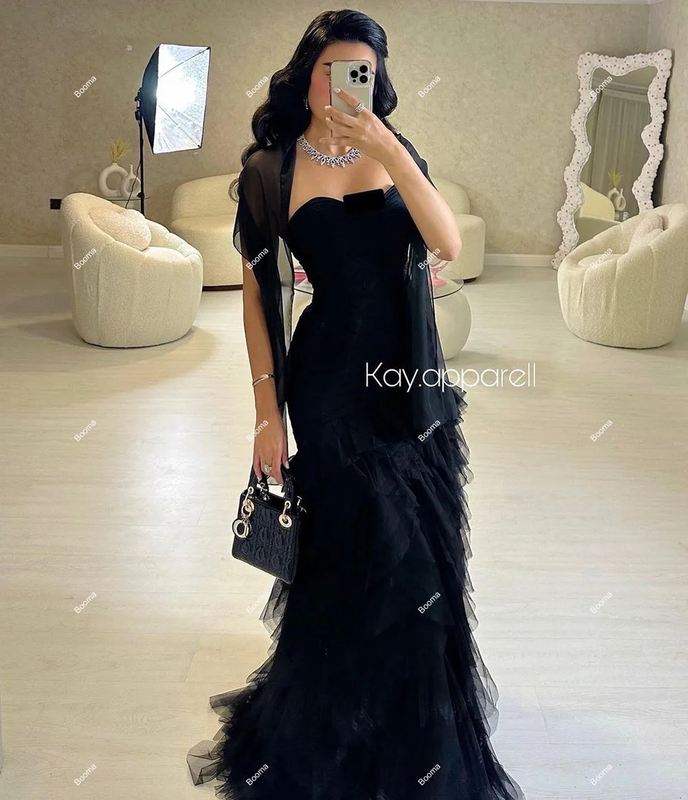 Booma Black Mermaid Prom Dresses Sweetheart Sleeveless Tiered Tulle Evening Dresses for Women Saudi Formal Party Gown Customized