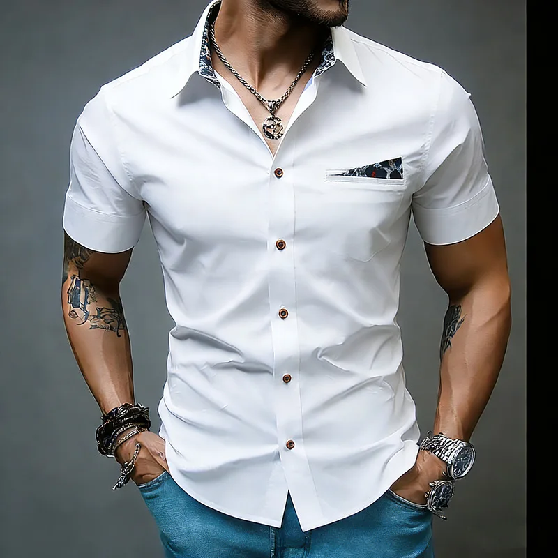 Neues, trendiges Herren-Kurzarmhemd mit Leopardenmuster, eng anliegendes Hemd im amerikanischen Tough-Guy-Stil mit kontrastierenden Farben