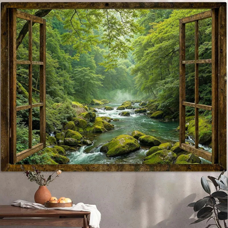 VIKAMA Wandteppich mit Fensterblick auf den Wald, üppig und grün, natürlicher Dschungel-Wandteppich, Dekoration für Schlafzimmer und Wohnzimmer, Heimdekoration