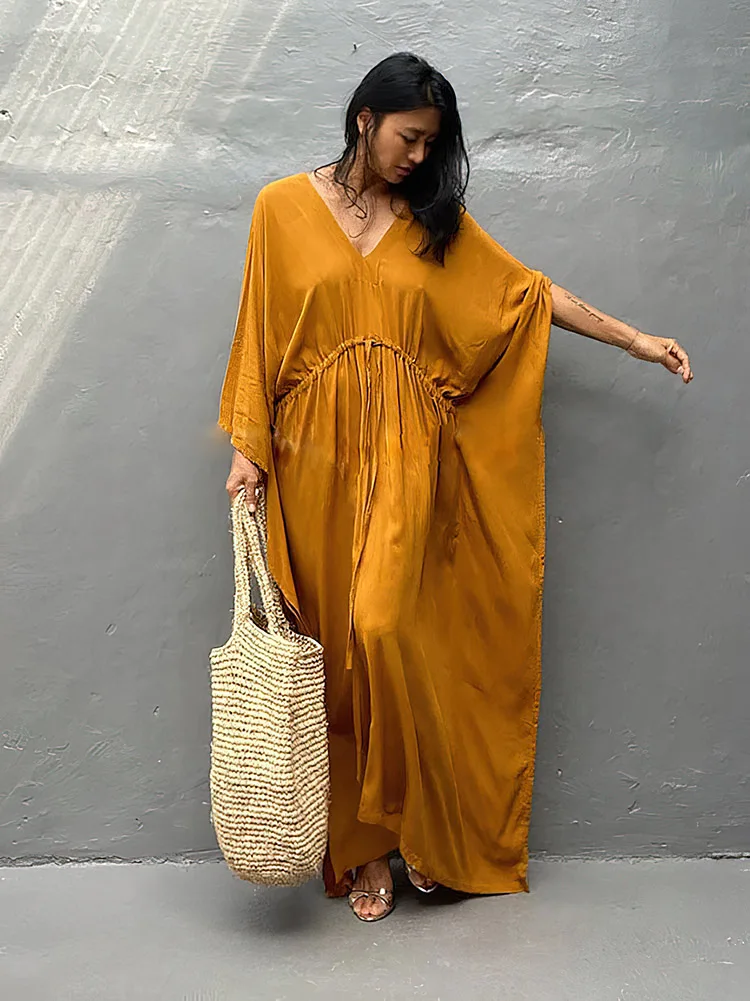 Niebieska sukienka plażowa dla kobiet stroje kąpielowe Cover-Up Kaftan Sexy V-neck tunika długie sukienki 2023 letnia kobieta strój kąpielowy Cover