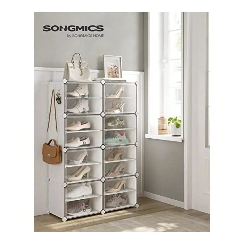 Rack Organizer, 8Tier Shoe Storage Cabinet For Closet And Entryway, Holds 32 Pairs Of Shoes, Adjustable, Cloud White And Transp