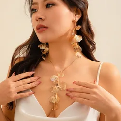 Fashion Niche Gold Ginkgo Leaf Tassel Earrings Necklace Women's High-end Light Luxury Feeling Collar Chain Girls Party Jewelry