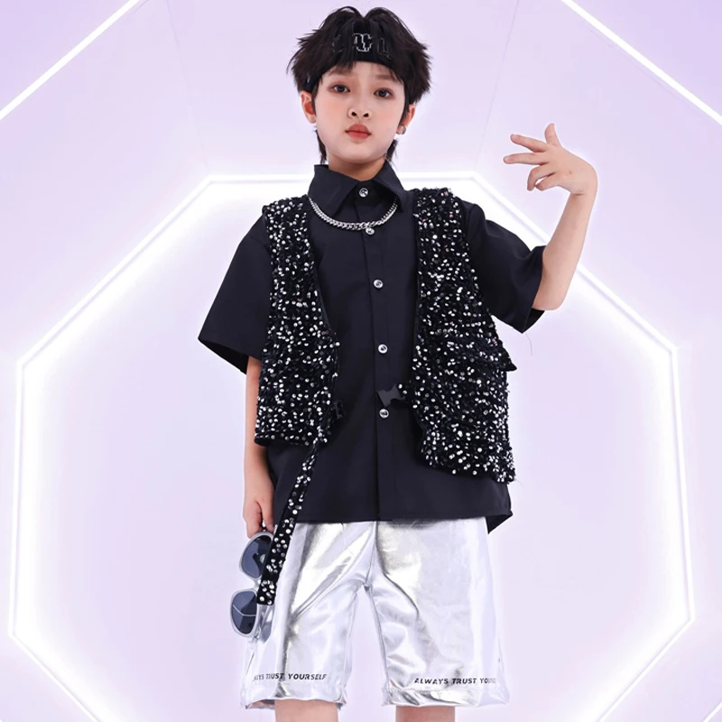 

2024 New Children Black Sequin Vest Sliver Shorts Streetwear Modern Jazz Dance Clothes For Boys Girls Stage Costumes DQS17370