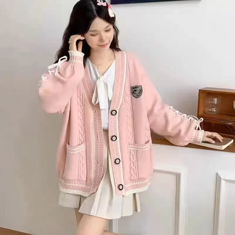 

Sweet Women's Clothing College Pink Knitted Cardigan Sweater Lazy Coat Bandage Design Autumn Winter New Loose V-neck Tops Button