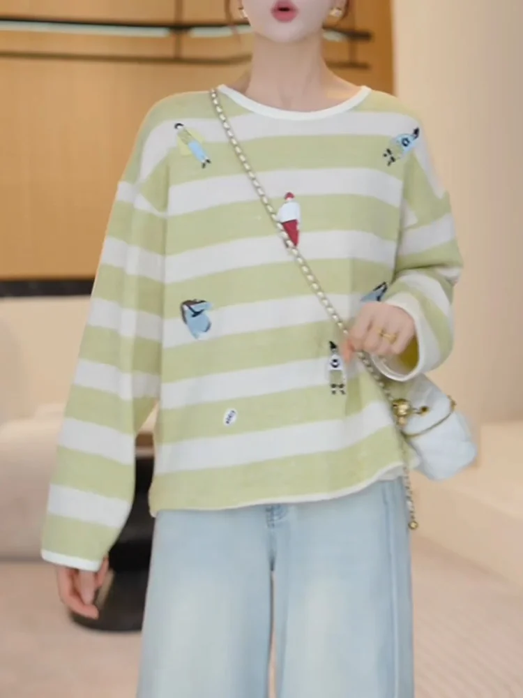 

Sweet Cartoon Print een Sweater Large Size Casual Inner Wear Striped Design Comfortable Korean Sle Women's Camere Top