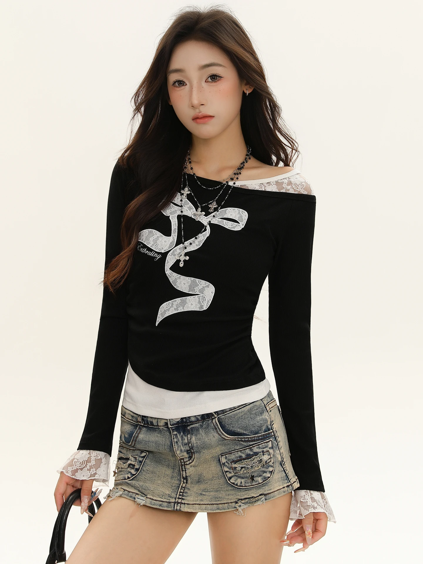 

Кружевная длинная футболка с милым и пряным узлом све, женская утягивающая сексуальная лоскутная футболка с очками, летний уличный топ