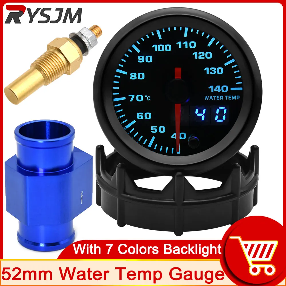 AD 52mm Car Water Temperature Gauge 40-140 Celsius 7 Colors Backlight Water Temp Joint Pipe Sensor Adapter Water Unit Sender